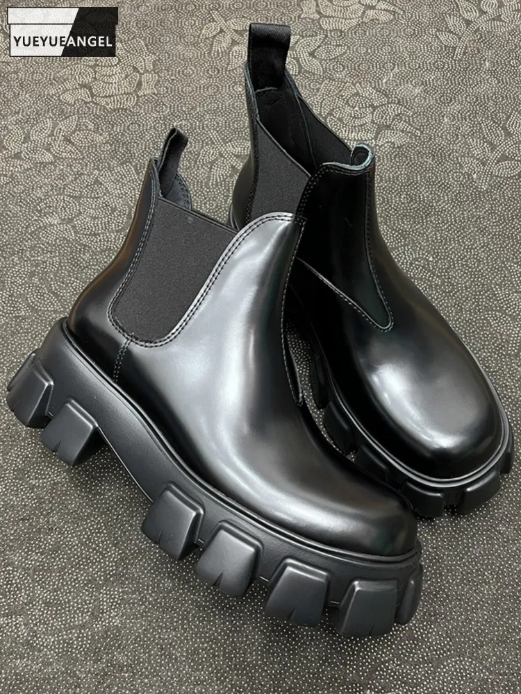

Male Fashion Chelsea Boots Ankle Slip On Cowhide Comfortable Mid Heel Round Toe Genuine Leather Thick Platform Handmade Shoes