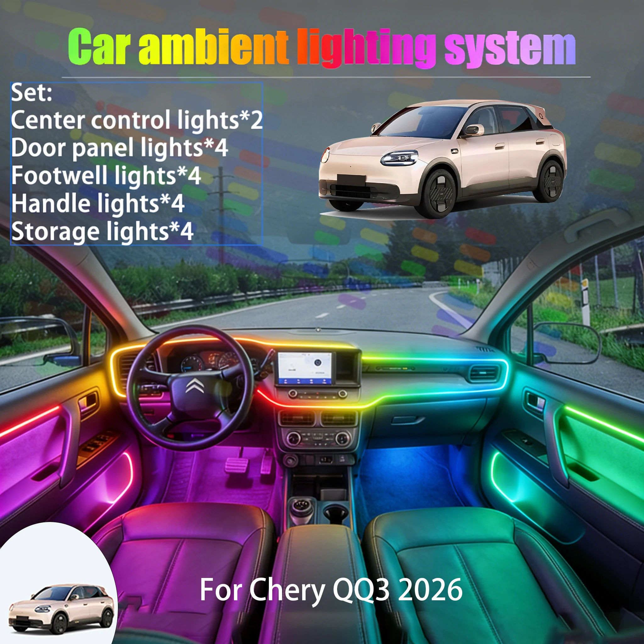 

For Chery QQ3 2026 Chery Q MK3 2/18 in 1 Car ambient lighting Led trunk interior led lights USB RGB Ensemble Streamer Auto Parts