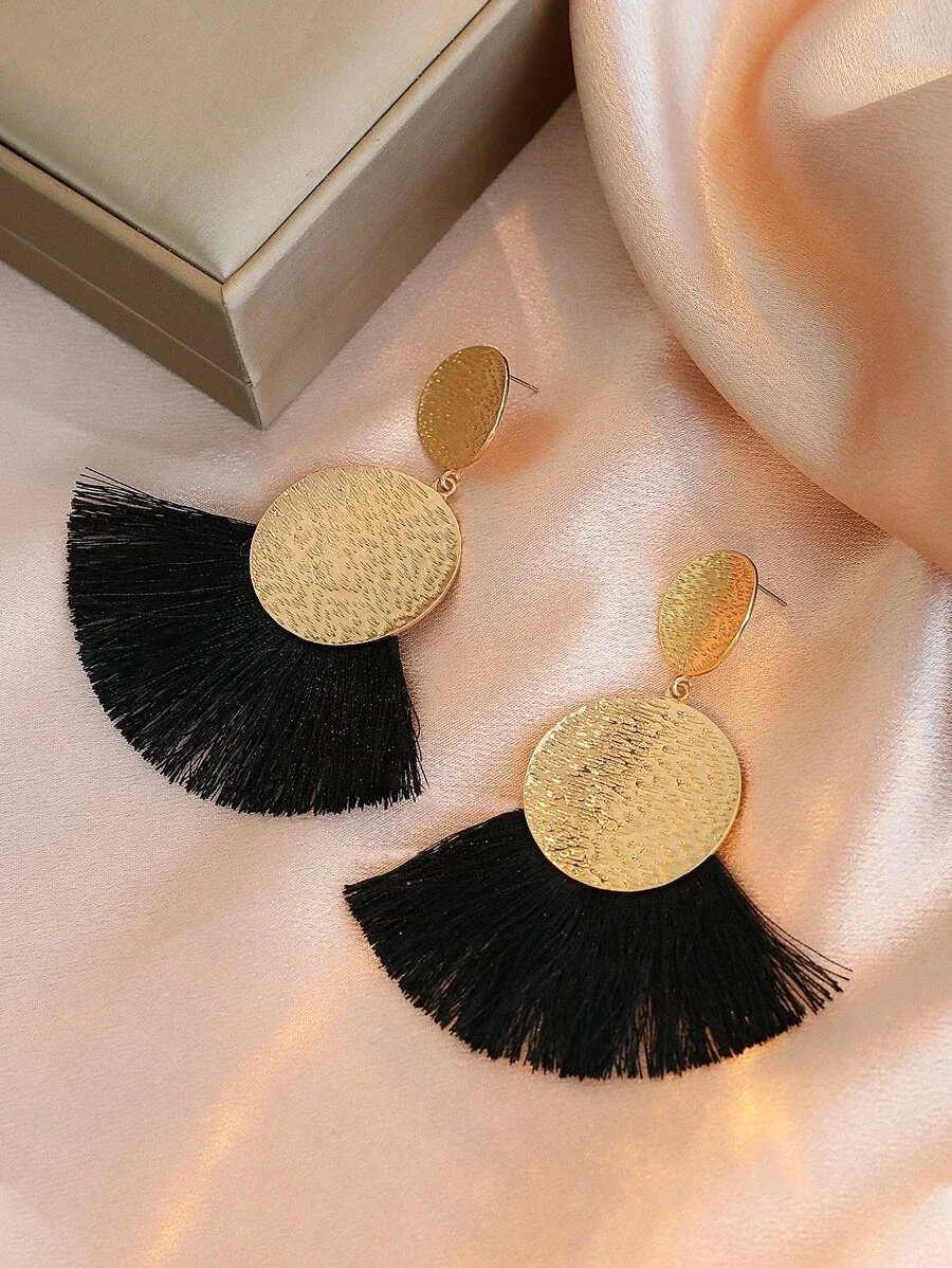 Tassel Decor Round Drop Earrings for Women  Fan-Shaped Tassel Earrings Bohemian Handmade Geometric Hollow Earrings