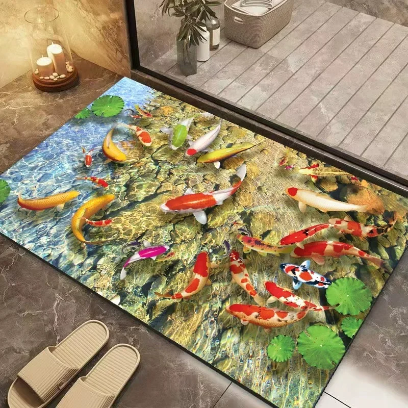 

Anti-Slip Bathroom Diatom Mud Floor Mat, 3D Water-absorbing Floormat Koi Lotus Print Light Luxury Bathroom Foot Mat