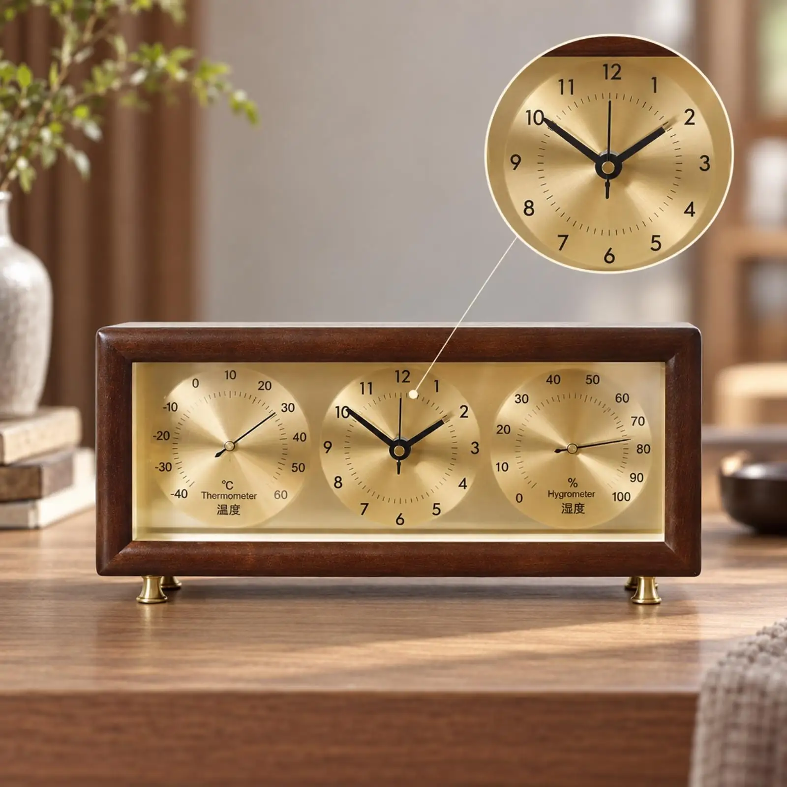 Quartz Table Clock with Thermometer and Hygrometer Quiet Wooden Table Clock with Glass Front Easy-to-Read Non-Ticking