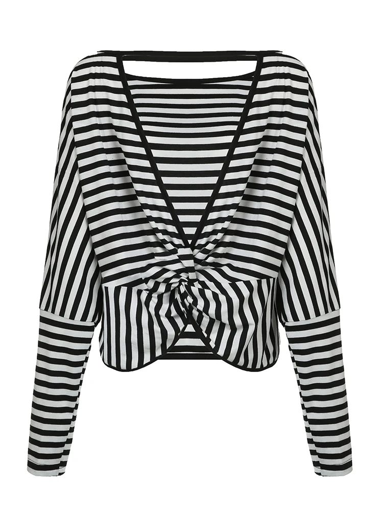 Twist Backless Loose Casual Stripe Long Sleeve T Shirt Women Contrast Binding O Neck Minimalist Pullover Tops