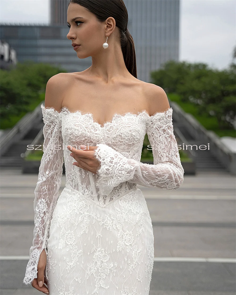 

Кружевное свадебное платье русалки со шлейфом и длинными рукавами сзади, прозрачное свадебное платье для свадьбы, Vestidos De Novia по индивидуальному заказу