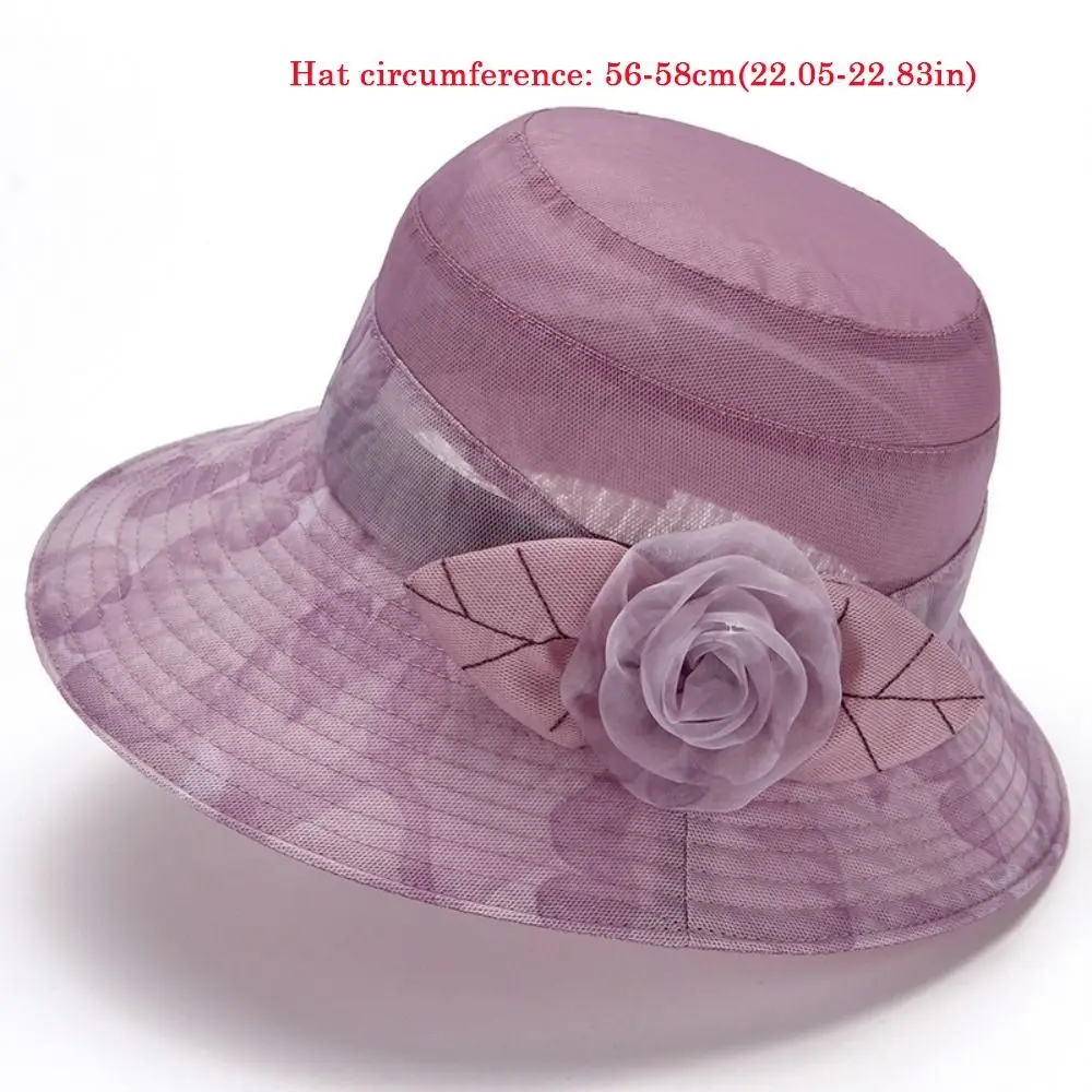 قبعة شمس أنيقة على شكل زهرة من الأورجانزا قابلة للتنفس في منتصف العمر قبعة صياد قابلة للطي بحافة واسعة وحوض رفيع