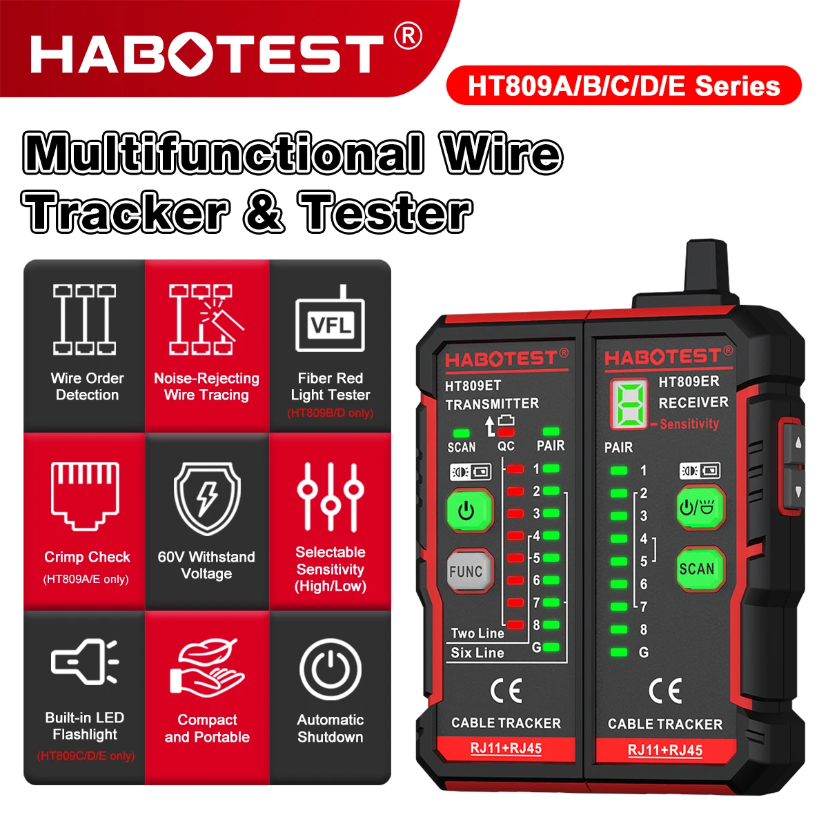 HABOTEST HT809 Multifunctional Fiber & Network Cable Toner Cable Mapping Cable Tracing Visual Fault Locator (VFL) Crimping Test
