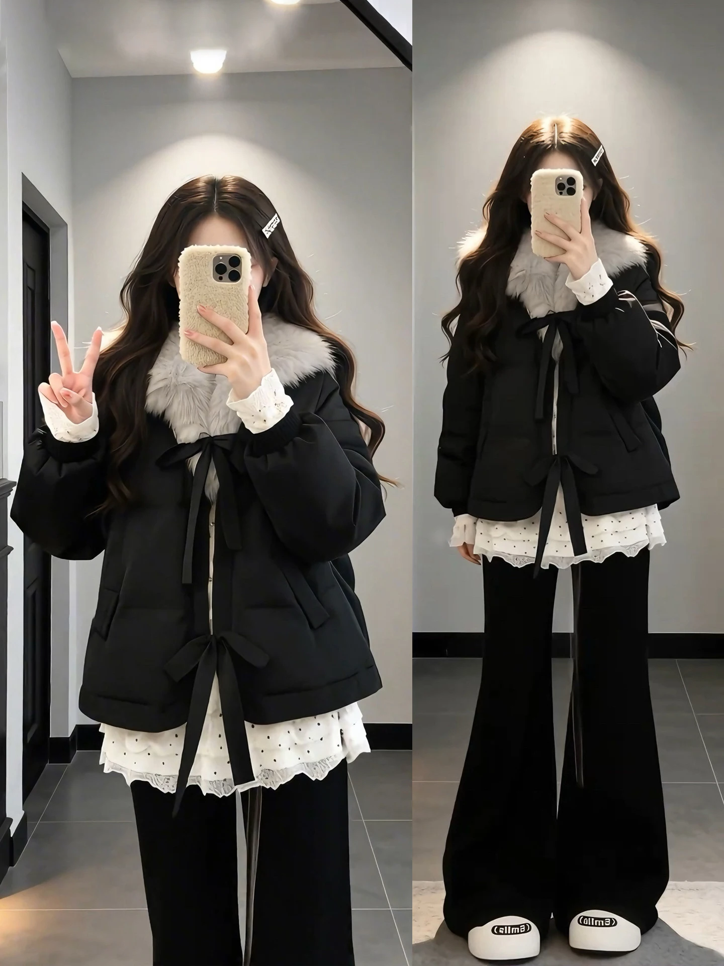 

Зимний модный комплект из трех предметов: хлопковая куртка, базовая футболка и расклешенные брюки в корейском стиле, с высокой талией, теплый, повседневный, больших размеров