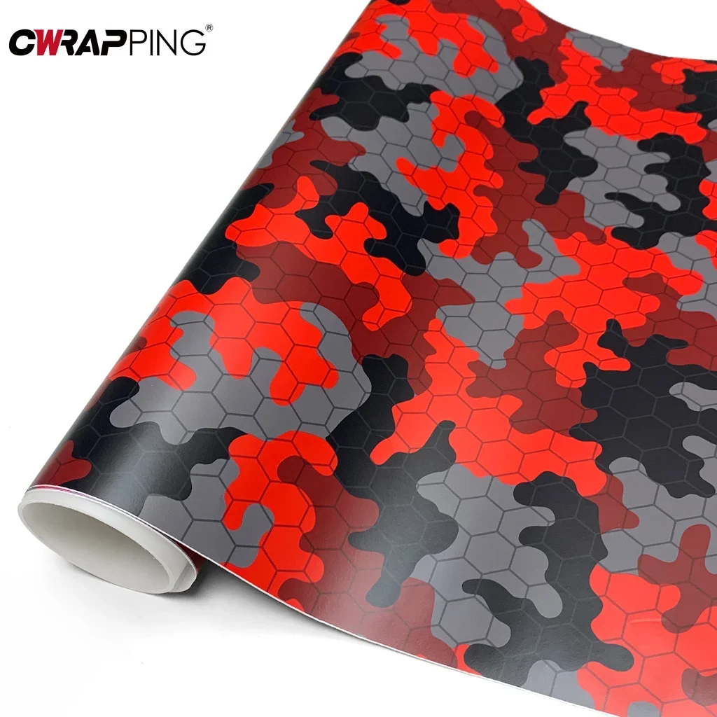 Camo Film Wrap Car Vinyl Paper for Car Honeycomb Black and Red Waterproof Paint Body Covering Auto Outdoor Accessories Sticker