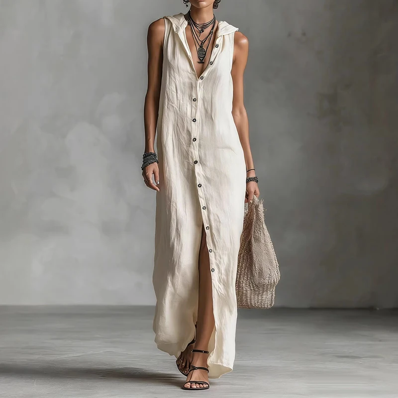 

Women's Sleeveless Cotton Linen Maxi Dress Casual Button Down Hooded Long Dresses Loose-Fit Elegant Summer Beach Vacation Dress