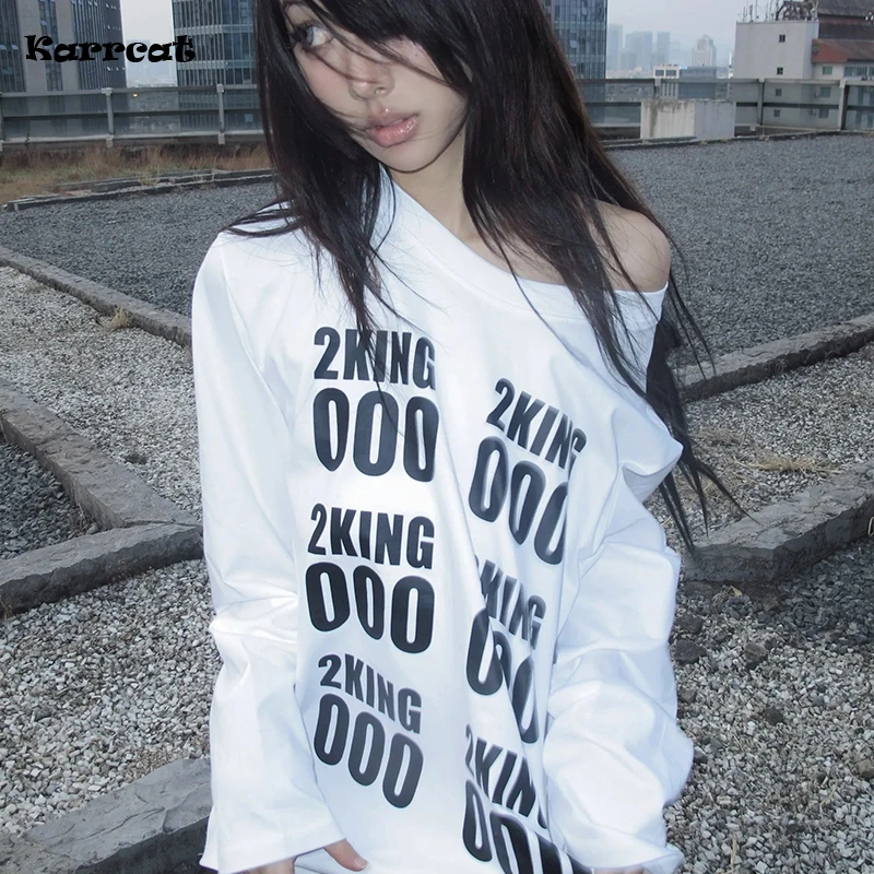 

Karrcat Grunge Aesthetics Футболка с буквенным принтом Trashy 2000-х Стиль Футболка с длинными рукавами Японский Y2k Белые свободные топы Американский 90-х годов
