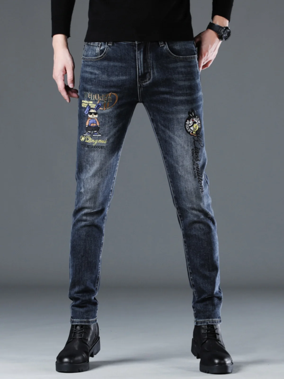 

Ele Embroidered Slim Fit Jeans for Men Spring Autumn Elastic Casual Long Pants Straight Leg Cotton Stretch Denim