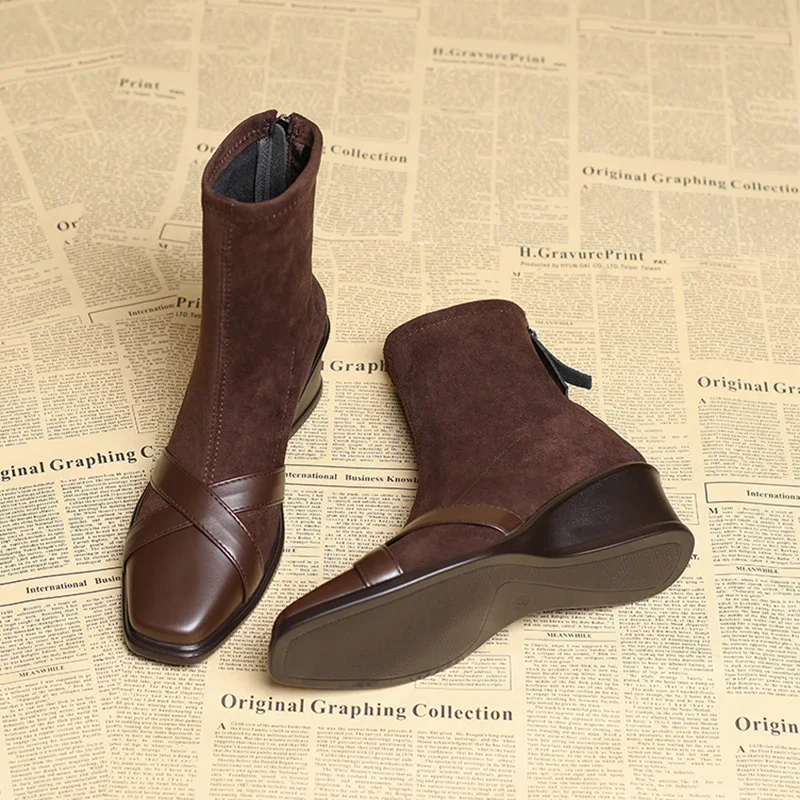 Ankle Women's Boots Wedges Fashion Heeled Shoes Designer Square Toe Winter Boots 2025 New Trend Dress Cozy Chelsea Botas Ladies