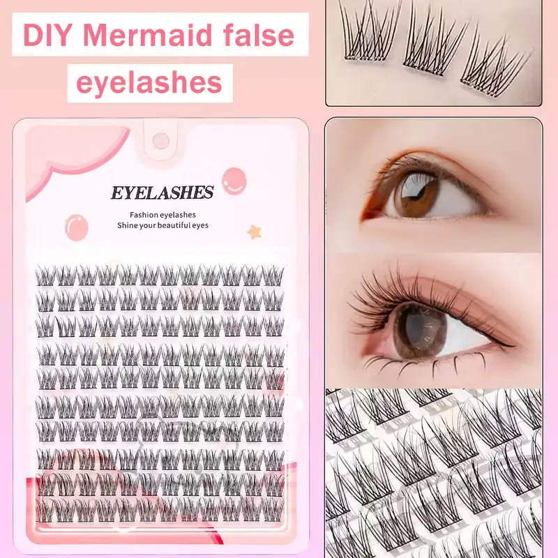 120 Pieces of Fish Tail Self-Adhesive False Eyelashes, Fluffy, C-Shaped Curved, Mixed Length, Natural, Magnifying, Easy and Swee