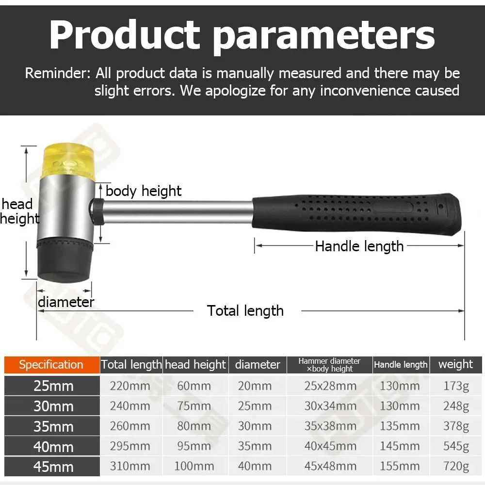 FUTE Double Face Tap Rubber Hammer 25/30/35/40/45mm Non-slip Multifunctional Glazing Beads Hammers Nylon Head Rubber Mallet