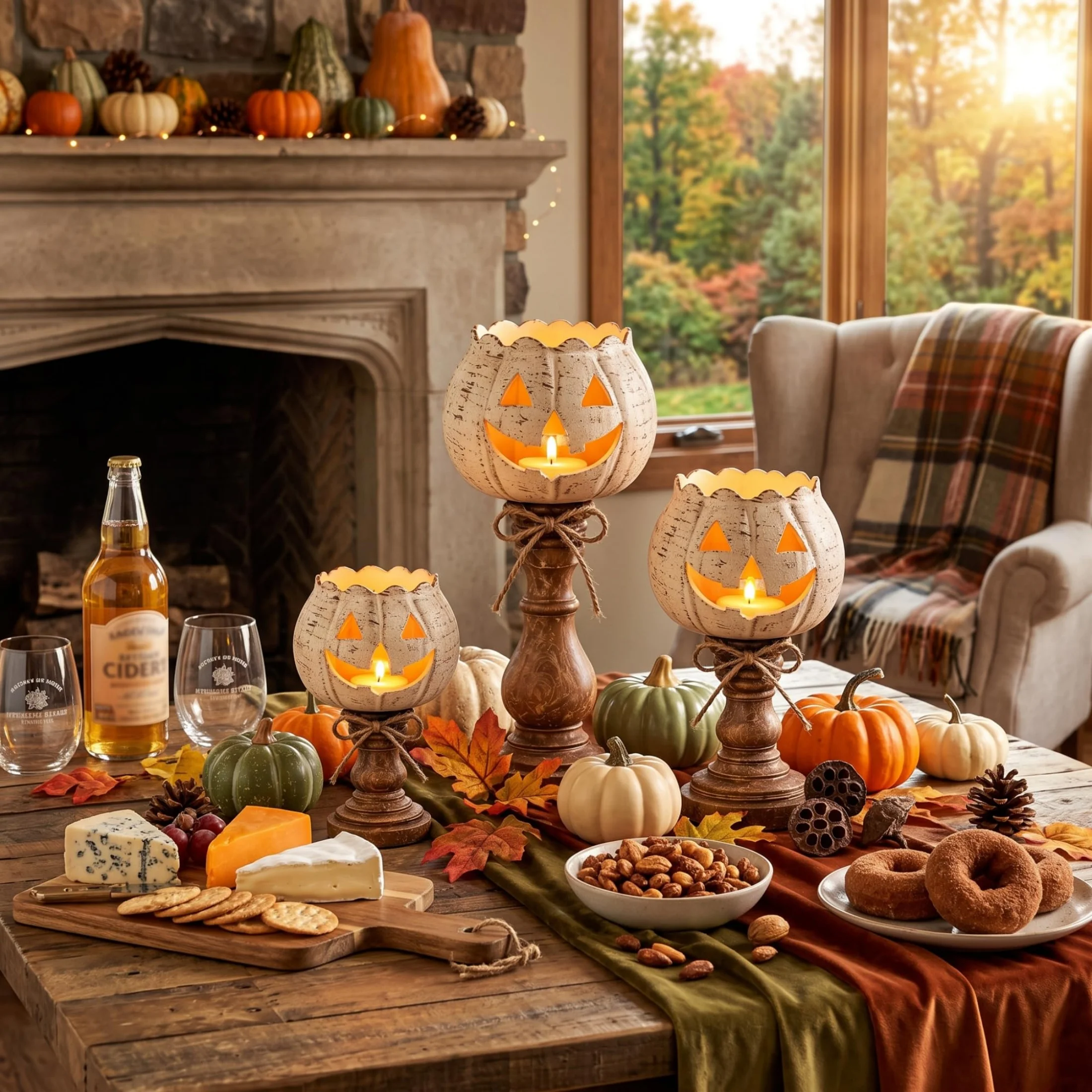 3Pcs Wood-Look Pumpkin Tealight Holders Pedestal Candle Holders for Fall Halloween Thanksgiving Home Table And Mantel Decor