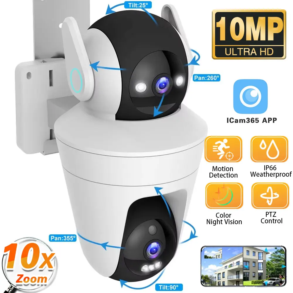 

5K 10MP Wifi IP Camera 10X Zoom Dual Lens Outdoor PTZ Security Camera Auto Tracking Smart Home CCTV Cam 360° Video Surveillance