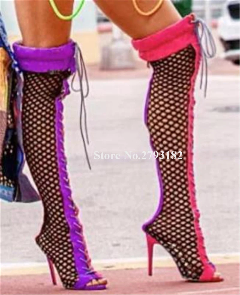 Mesh Knee High Gladiator Boots Sexy Women Peep Toe Lace Stiletto Heel Long Sandal Boots Lace-up Party Dress Shoes