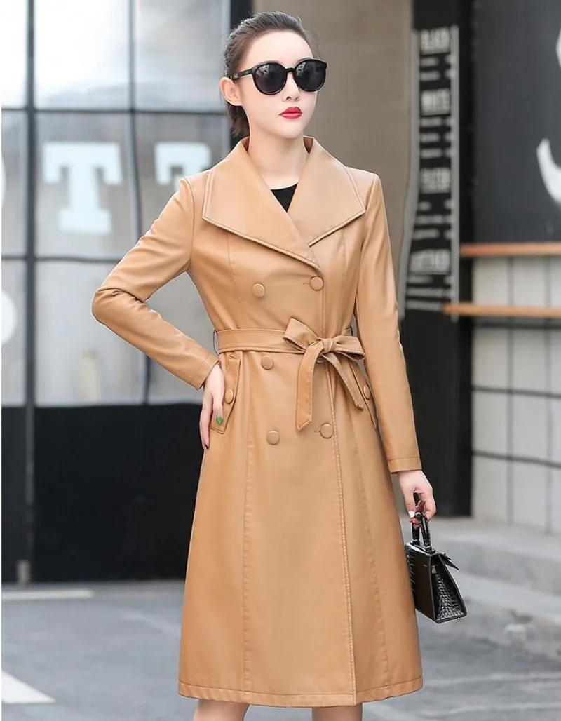 Genuine Leather Women Sheepskin Coat Spring Autumn Fashion Double Breasted Long Jacket Sheep Leather Overcoat Suede Outerwear