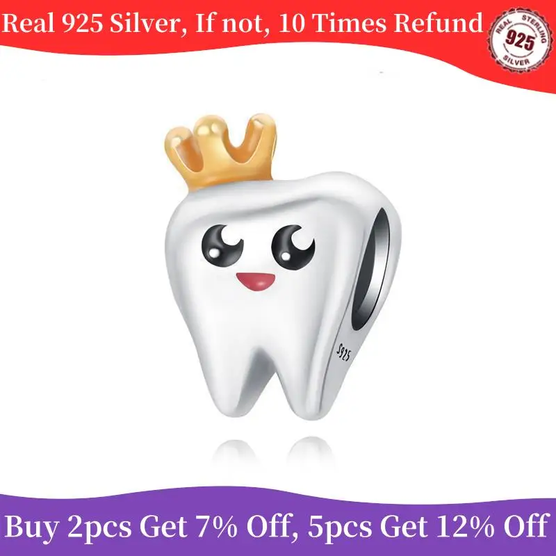 New 2023 Authentic 925 Sterling Silver Tooth Crown Charm Beads Fits Bracelets Jewelry Making Women Brithday Gifts