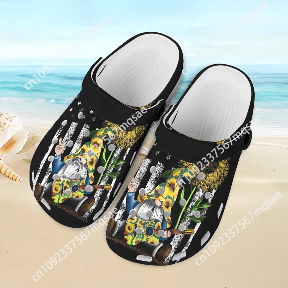 Custom Unisex Clogs Breathable Lightweight Slippers American Flag Print Non-Slip Home Hole Shoes Sunflower Casual Sandals