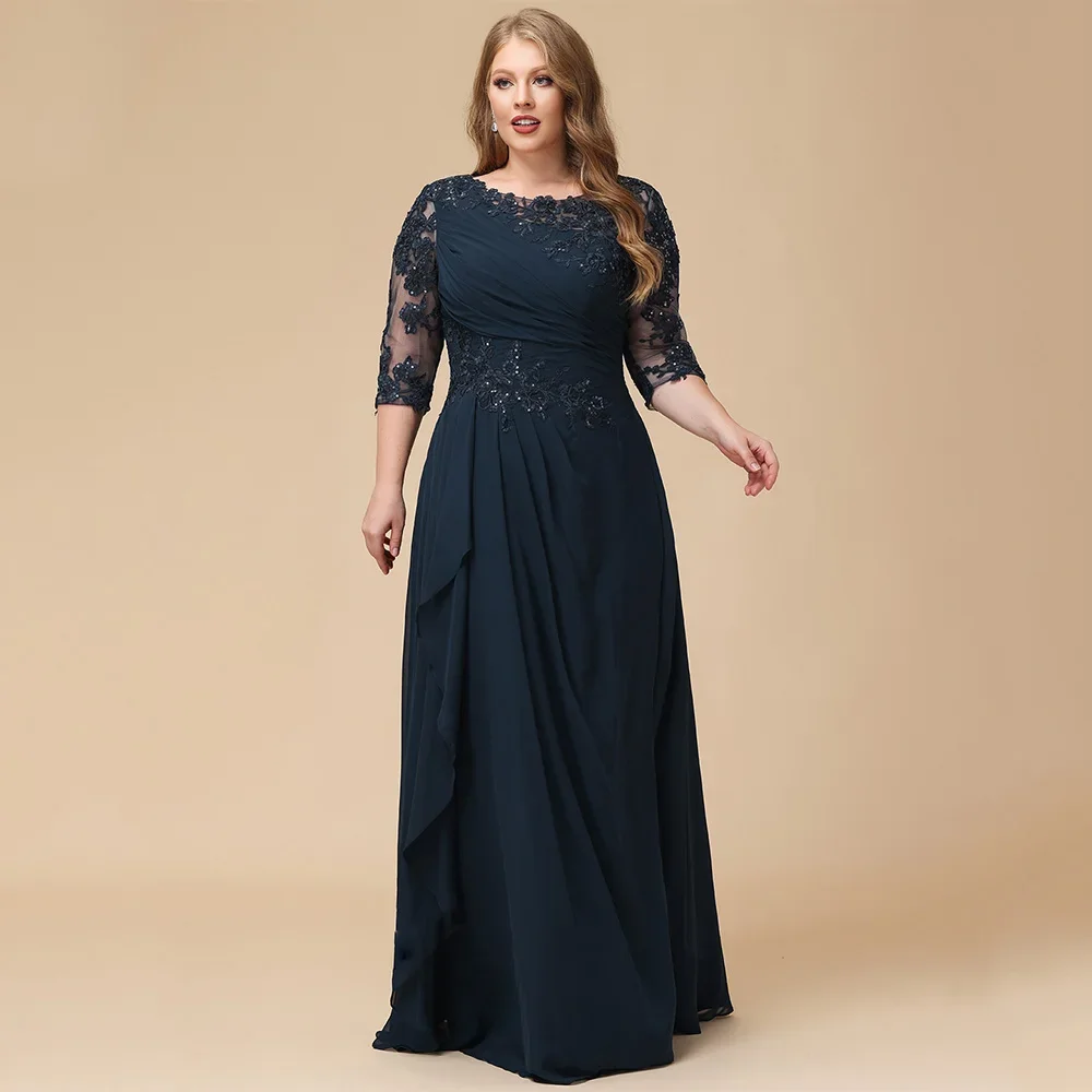 

Navy Mother of The Bride Dress Customized Scoop Neck 3/4 Sleeves Beading Appliques Godmom Wedding Party Dresses Plus Size