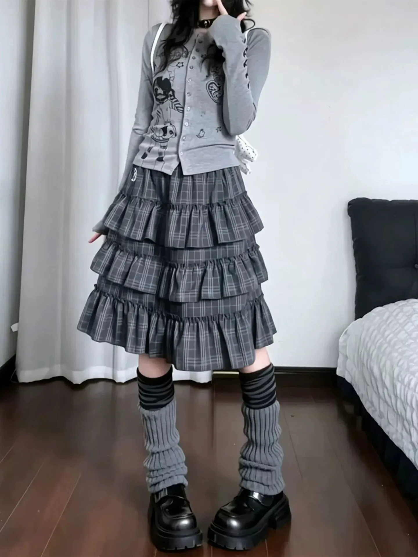 High Waist Midi Plaid Skirt Women's Embroidered A-Line Skirt Casual Breathable Skin-Friendly High Waist Midi Skirt