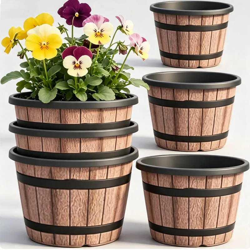 Retro Wooden Barrel Plastic Flower Pot Simulation Wooden Succulent Flower Pots with Drainage Holes Home Garden Decor Planters