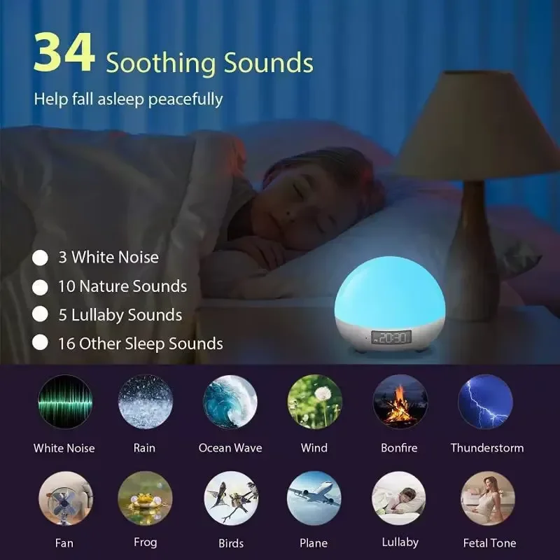Sunrise Alarm Clock with White Noise Machine Sleep Aid Light Therapy Wake Up Lamp for Heavy Sleepers Kids Bedroom Decor Gift