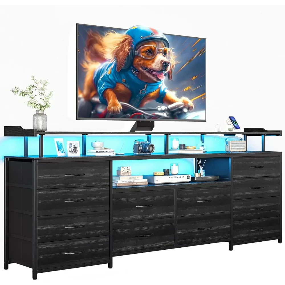 

LED TV Stand Dresser with Power Outlets, Center with 12 Fabric Drawers, Media Console Table with Storage Shelf