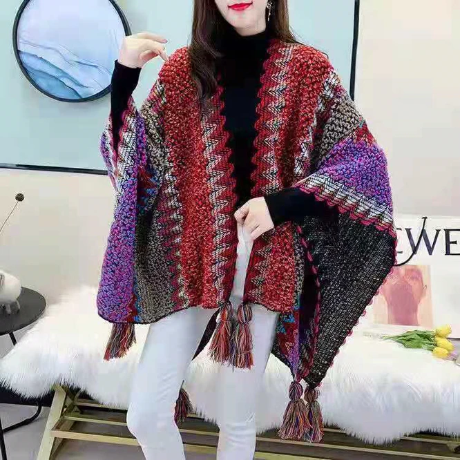 Women Knitting Poncho Capes Autumn New  Female Fashion Bohemian Poncho Cloak Tassel Winter Clothing Cardigan Scarf Tibet Green