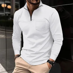 Fashion Men's Spring Fall Casual Comfort Solid Color Zipper Patchwork Pocket Design Waffle Check Sports Long-Sleeved Polo Shirt