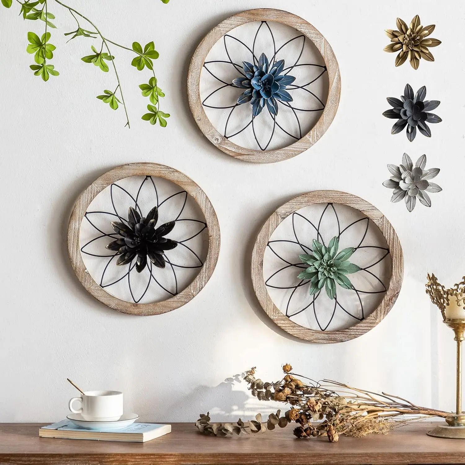 3 Piece Round Farmhouse Wall Decor with 6 Piece Interchangeable Flowers 12'' Medallion