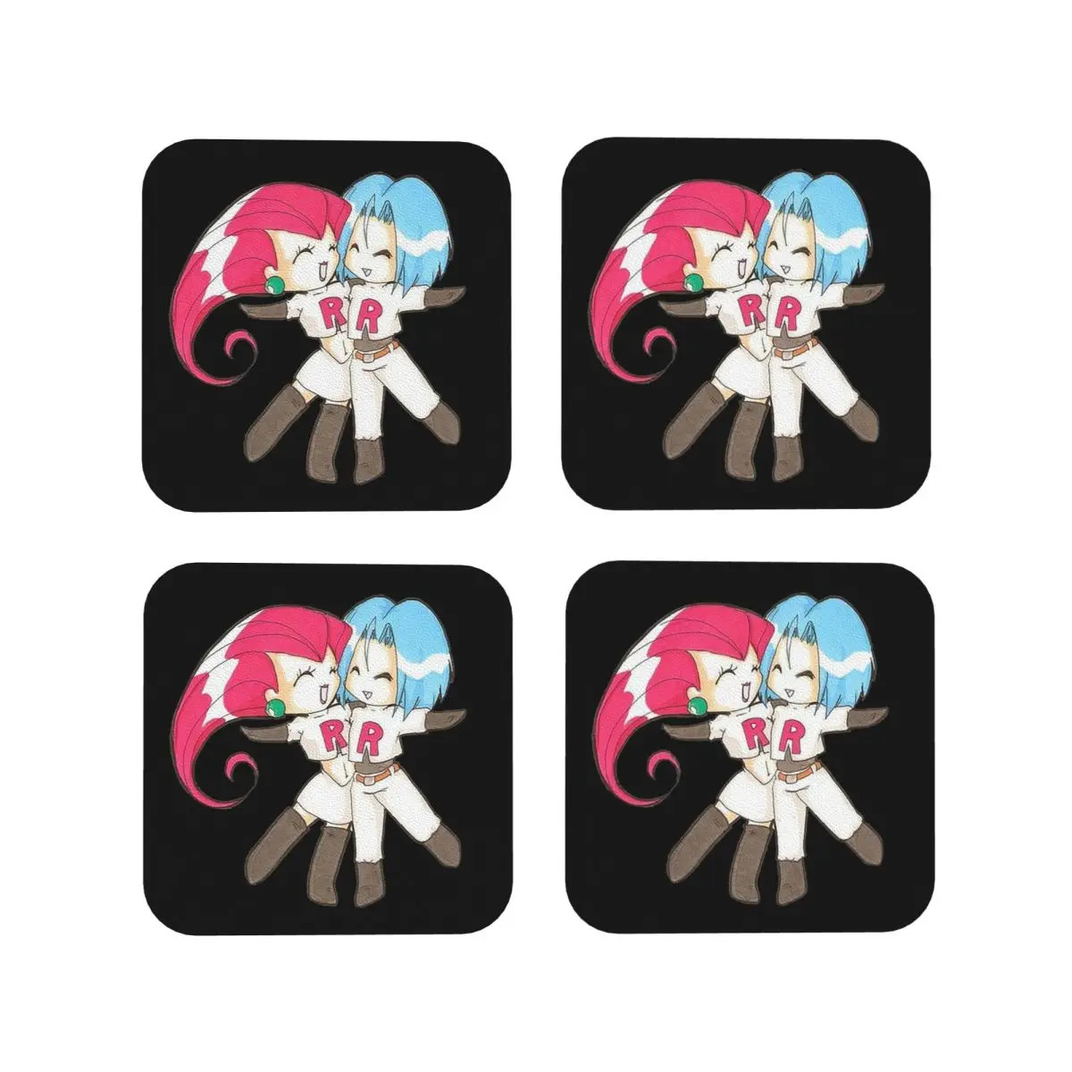 Cute Team Rocket Stick Coasters Kitchen Placemats Non-slip Insulation Cup Coffee Mats For Decor Home Tableware Pads Set of 4