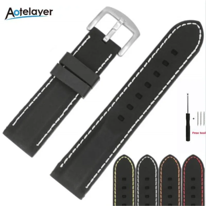 

20mm 22mm 24mm 26mm Silicone Flat Universal Watchband Men Women Waterproof Soft Pin Buckle Strap Black Sport‘s Line Watch Bands