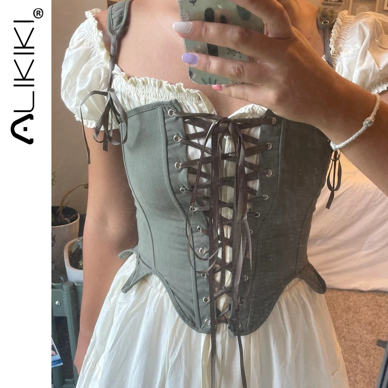 Medieval Renaissance Vintage Corset Tops Bustier Crop Tops Lace-up Camisole Ren Faire Black White Corset Festival Costume