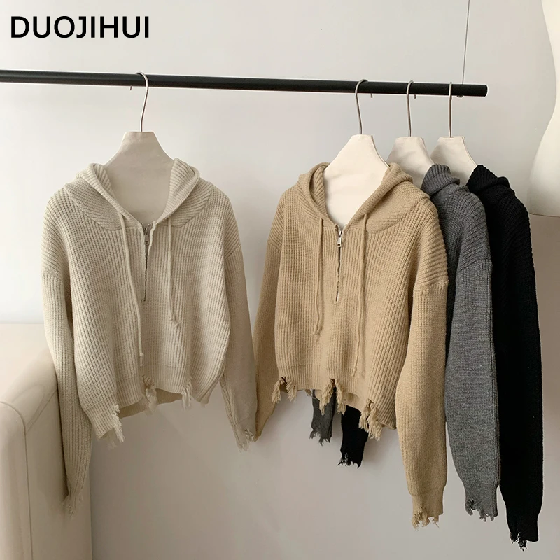 DUOJIHUI Chic Zipper Hooded Drawstring Sweater Women Pullover New Hollow Out Pure Color Fashion Simple 4-colors Female Pullover