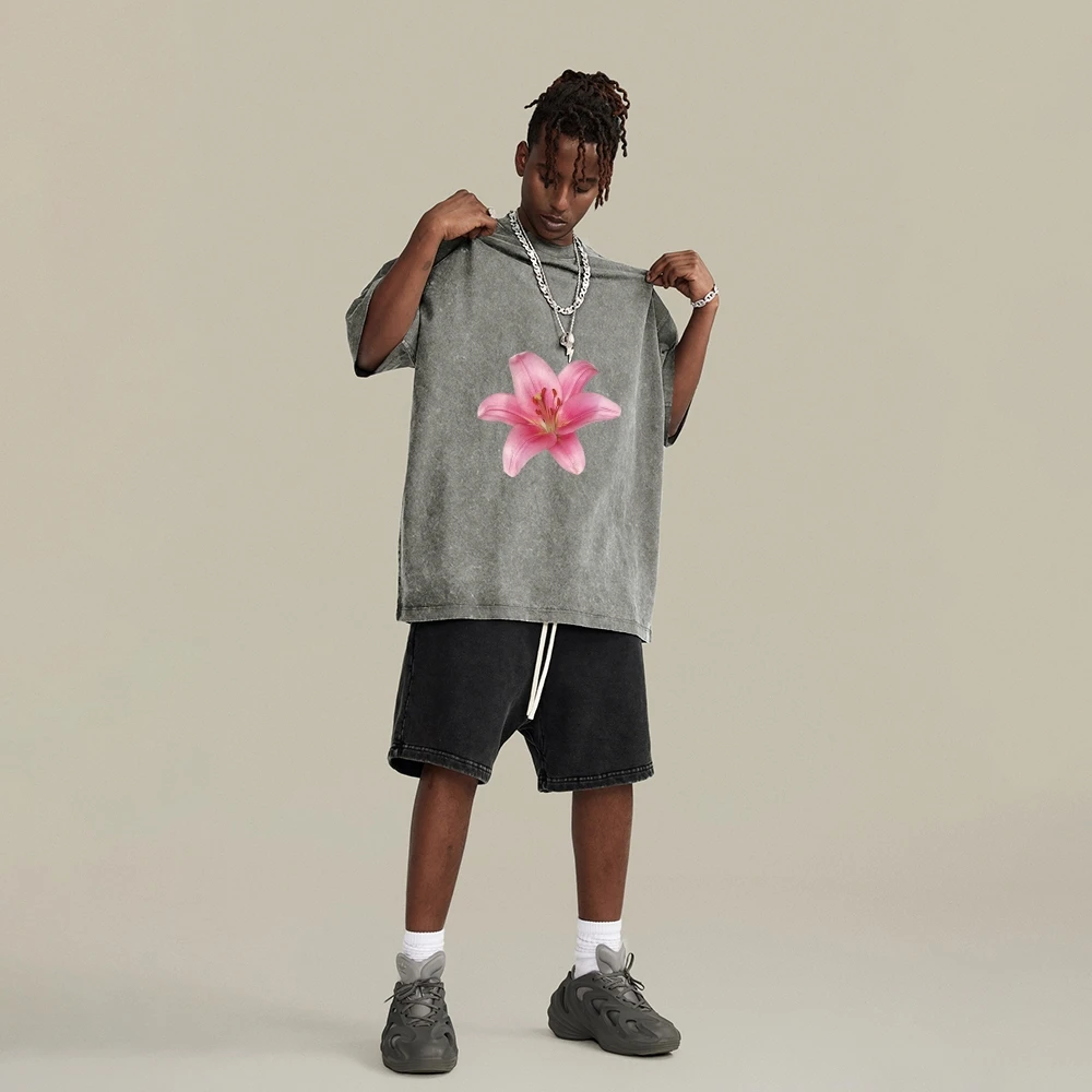 

Men's Distressed Cotton Tee Men's Oversized Washed Grey Pink Lily Print Loose Fit Comfy Street StyleTrendy Comfort