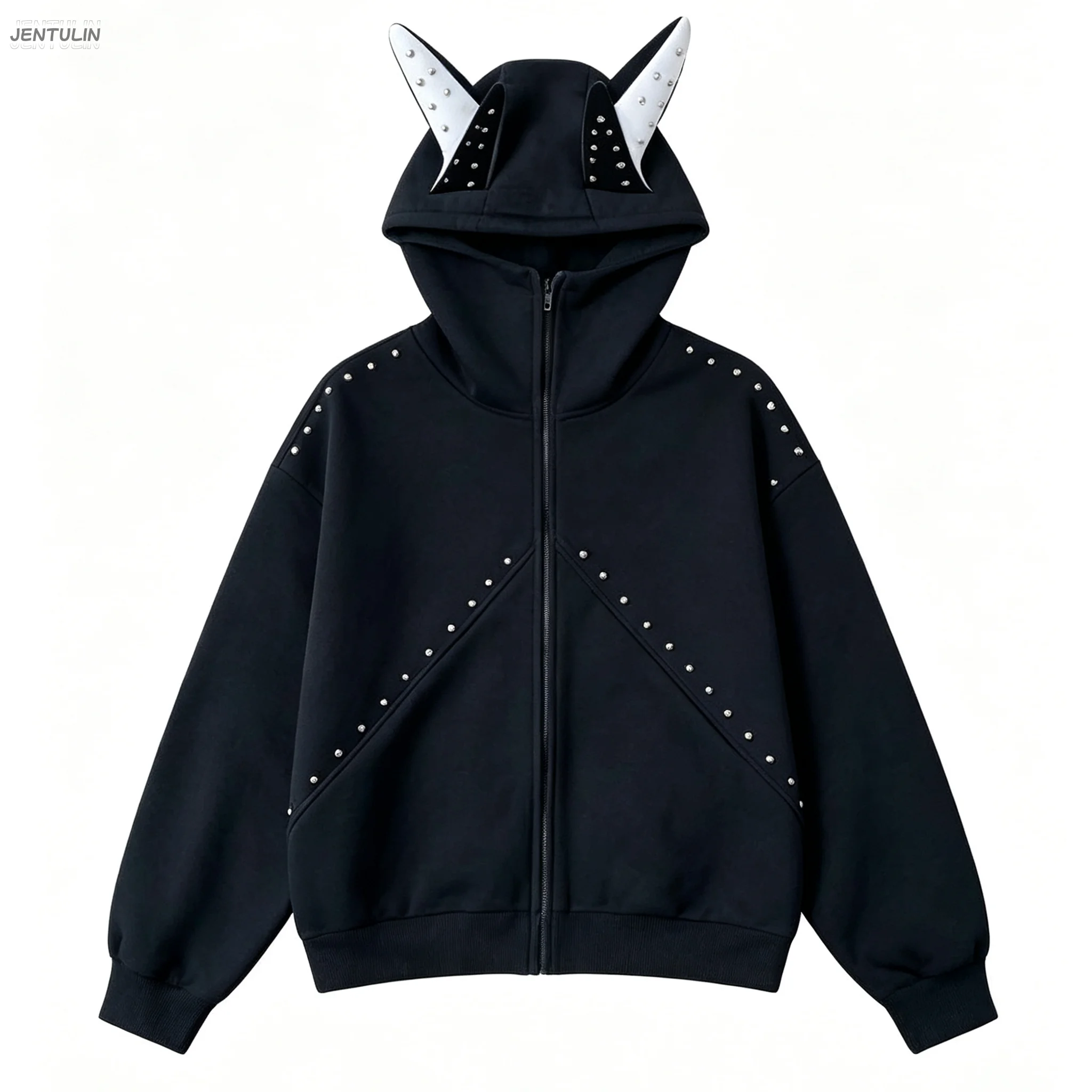 Gothic Punk Devil Horns Studded Zip Up Y2K Hoodie Oversized Long Sleeve Sweatshirt Jacket Harajuku Streetwear Casual Outerwear