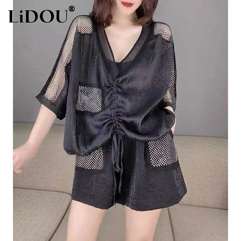 

2023 Summer New Black Women's Set V-neck Pockets Half Sleeve Drawstring Hollow Out T-Shirts + Elastic Waist Fashion Loose Shorts