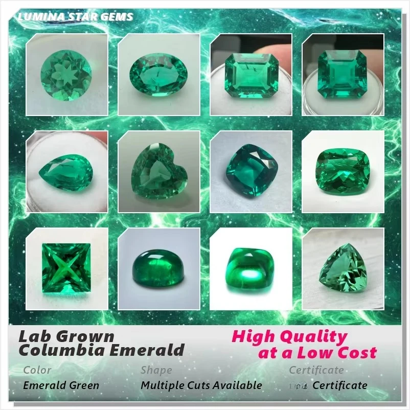 Lab Grown Colombian Emerald Stone High Quality Multiple Cuts Available Hydrothermal Hand-cutting Selectable Certificate