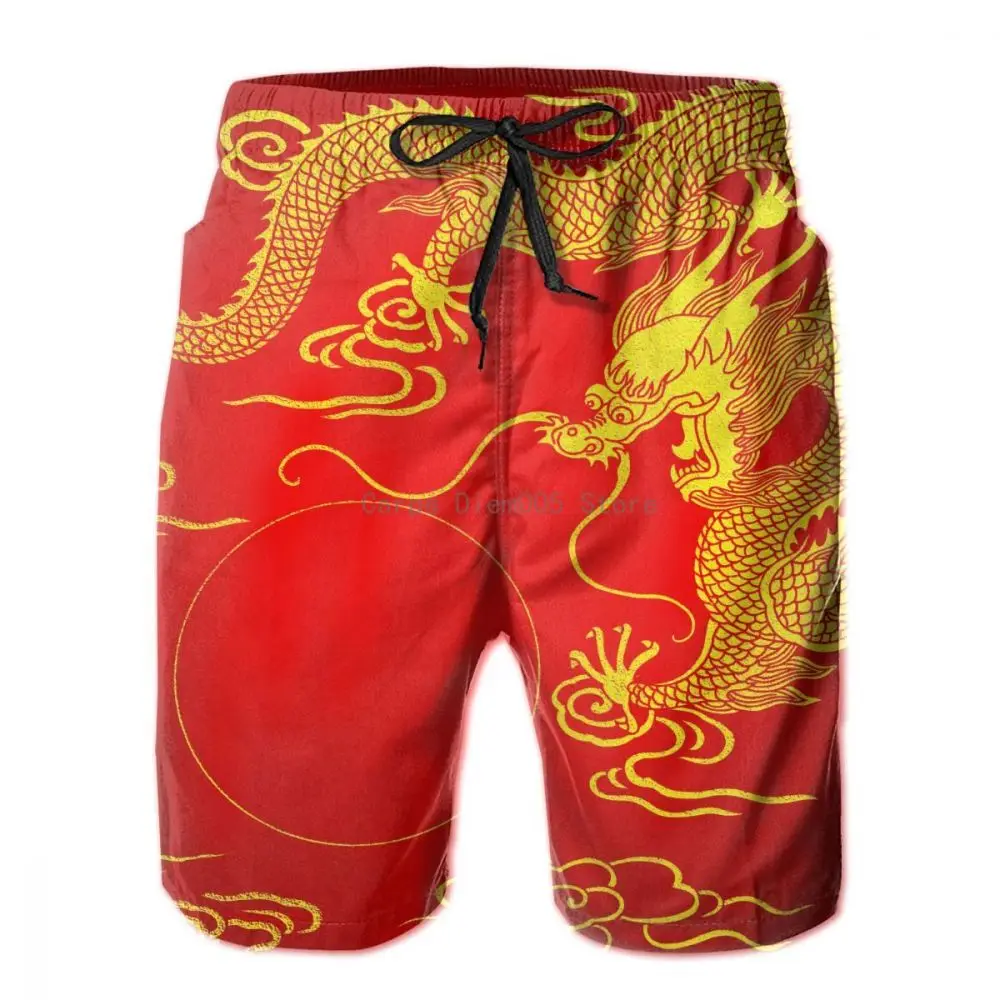 Mens Swimwear Swim Shorts Trunks Dragon Gold On RED Beach Board Shorts Swimming Swimsuits Mens Running Sports Surffing shorts