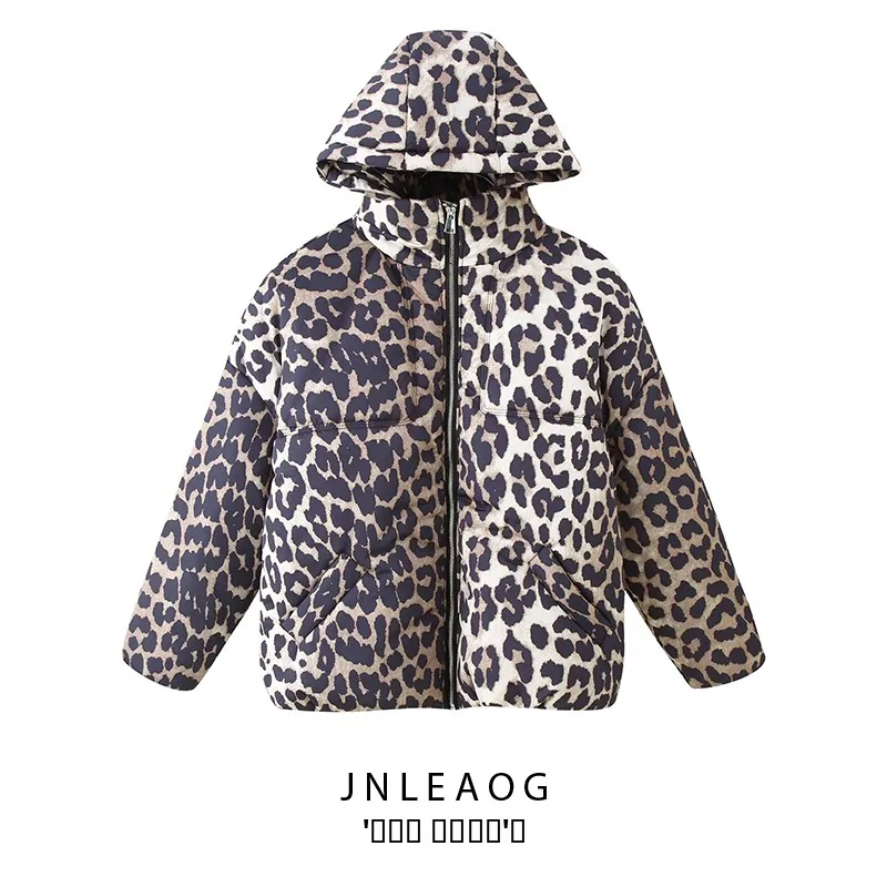 

Faionable Detachable Hat Leopard Print Cotton Jaet Women's Street Sle Straight Cut Long Sve Zipper Closure Coat