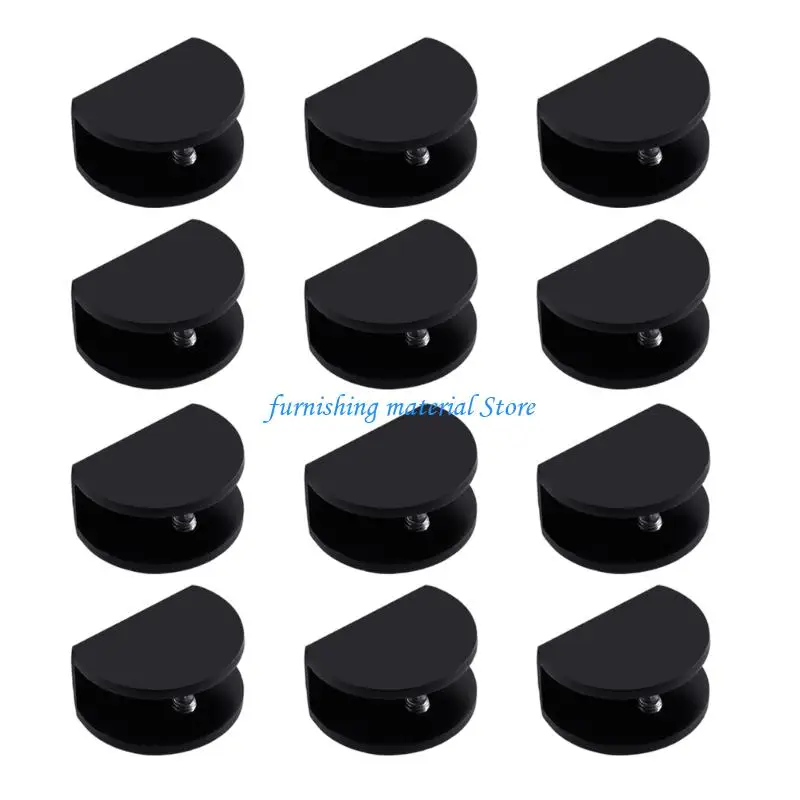 Y5GD Frameless Glass Panel Shelf Brackets Clamps, Black Aluminum Alloy Build with Adjustable Screw for Cabinet Installation