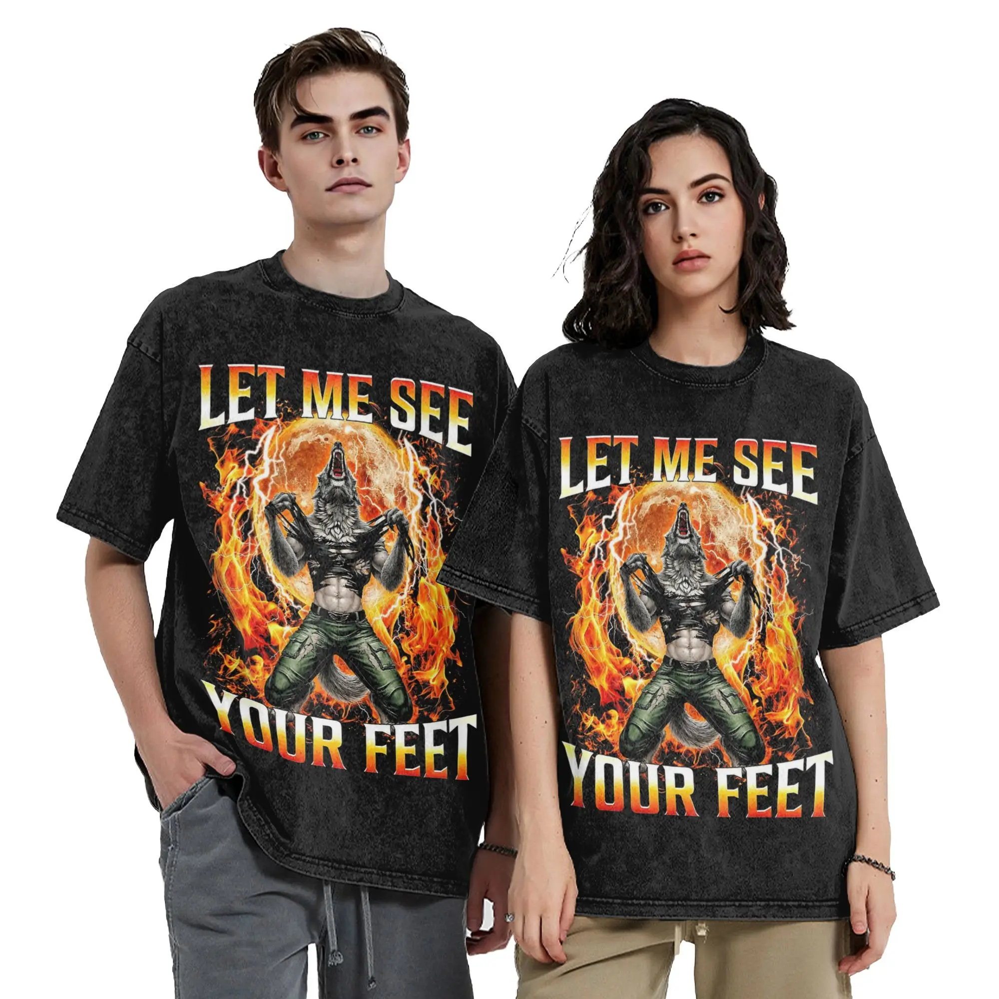 Let Me See Your Feet Werewolf Meme T Shirts Hip Hop Washed Cotton Harajuku T-Shirt Men Women Tops Streetwear Summer Tee Shirt
