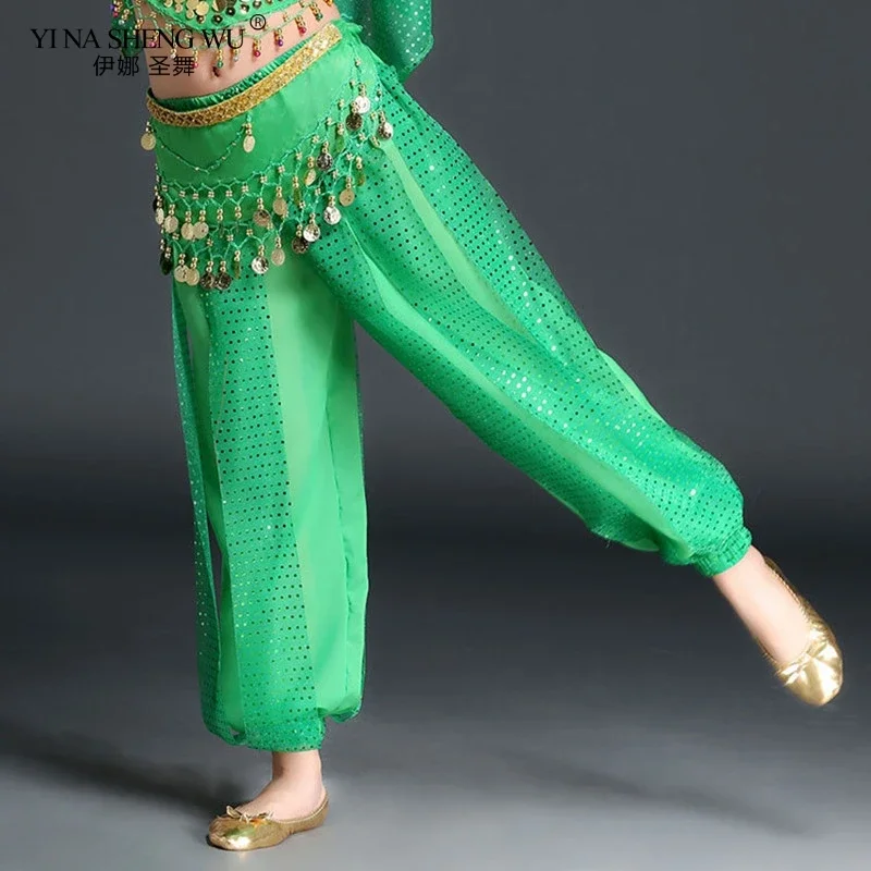 Grils Belly Dance Costume Pants India Dance Stage Performance Harem Pants For Kid's Dance Practice Show Sequined Wide Leg Pants