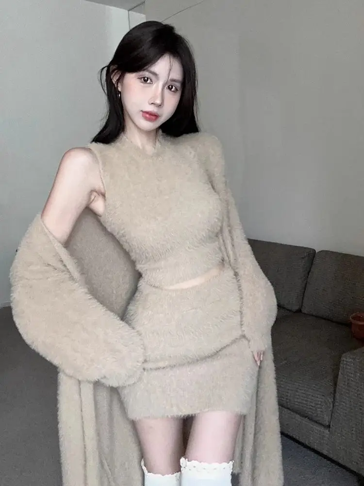 

Sweet Hot Girl Knitted Suit Women's Autumn/Winter Sweater Cardigan Tank Top Wrap Hip Short Skirt Three-Piece Set Female Clothes