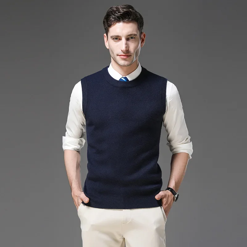 Men 2024 Autumn/Winter Thick Wool Vest Fashion Classic Solid Color Round Neck Sleeveless Knit Men Sweater