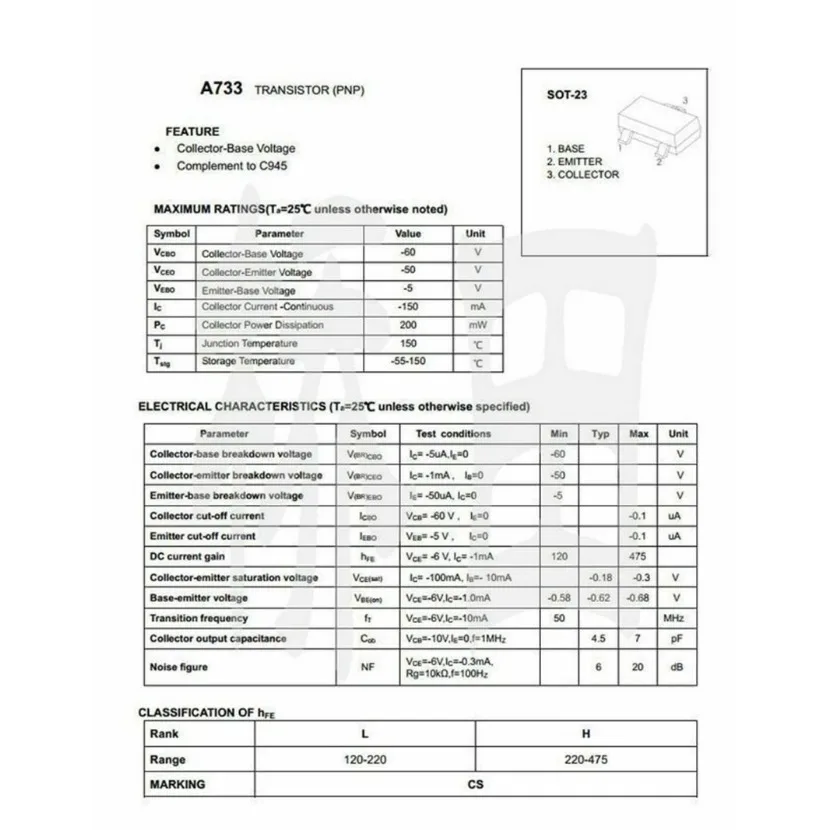 100 buah 2SA733 A733 CS 0.15A 50V PNP SOT-23 SMD Chip Transistor
