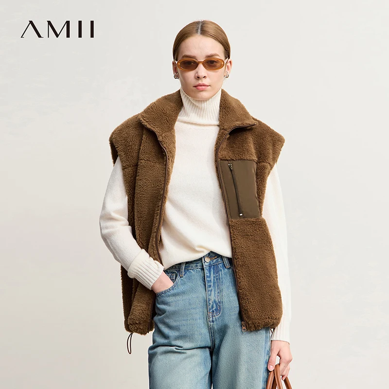 Amii Women's Vest 2025 Winter New Patchwork Zipper Loose Vest Women's Horse Embroidery Loose Versatile Sleeveless Top 12524108