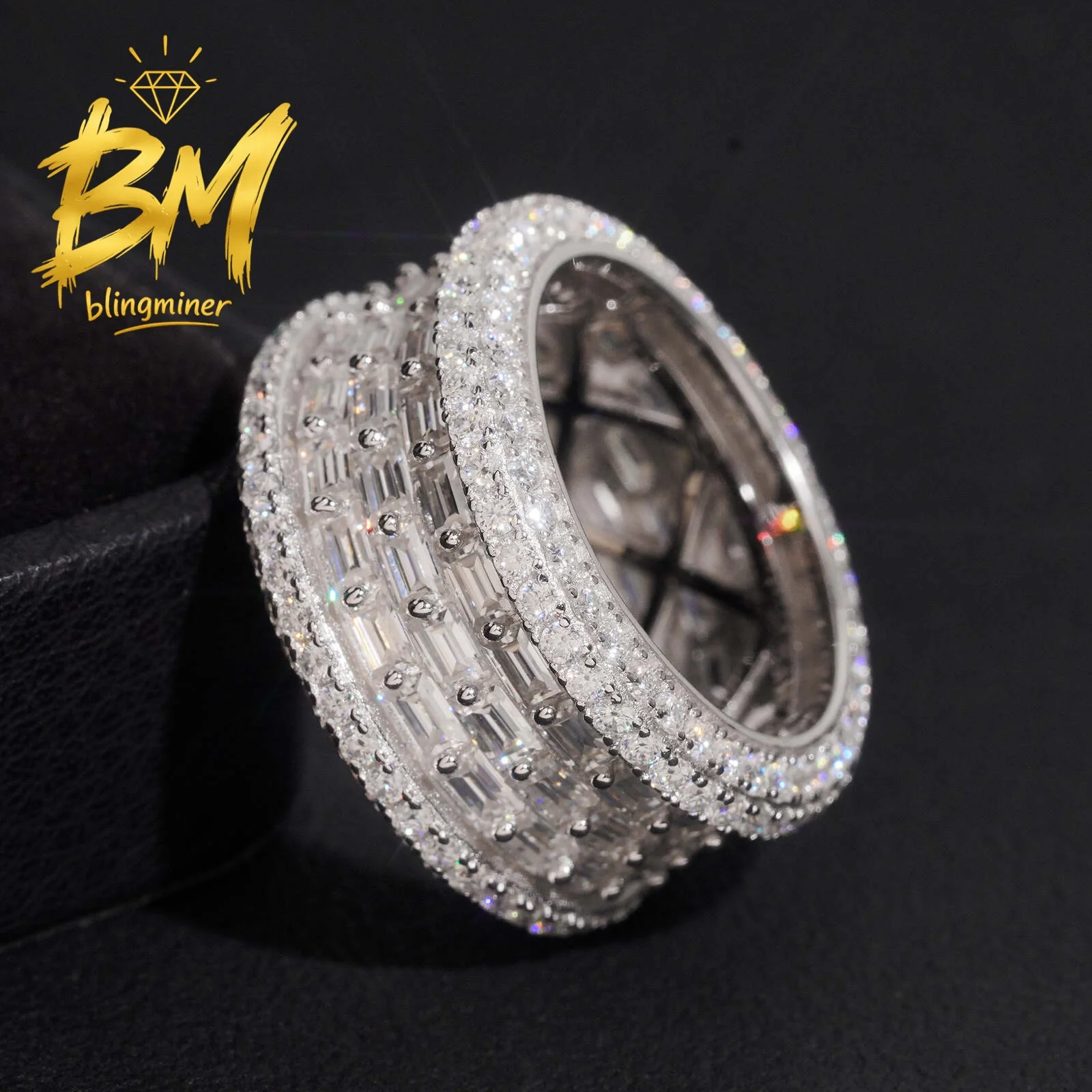 Blingminer New Stock Iced Out VVS Moissanite Rings For Men S925 Silver Finger Jewelry Pass Diamonds Tester GRA Free Shipping