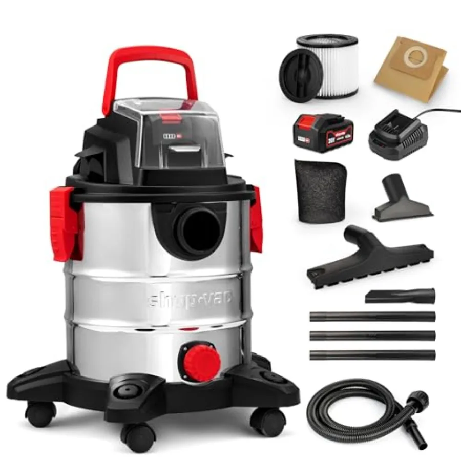 

20V Wet/Dry Cordless Vacuum 5 Gallon 4.7 Peak HP 10kPa Strong Suction Blower Portable Vacuum 4.0A Battery Powered for Car Home